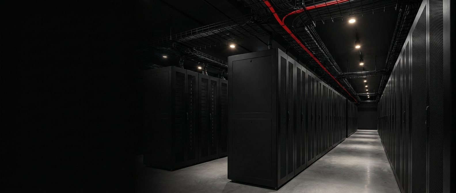 Data center cold aisle with one red MPO trunk in the overhead tray