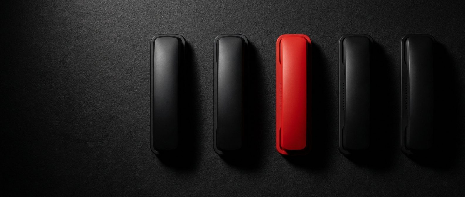 Row of modern black handsets with one in red